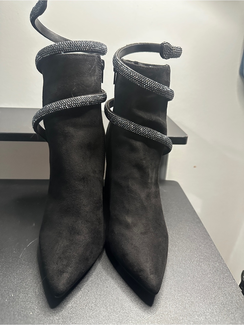 Black Suede Pointed Toe Ankle Boots with snake Crystal Wrap